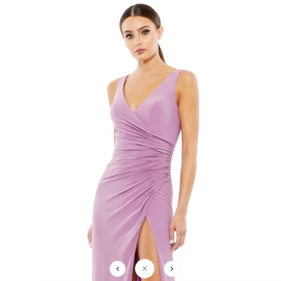 MAC DUGGAL 26513 RUCHED STRETCH JERSEY V-NECK THIGH SLIT LILLAC GOWN sz 0 - Picture 4 of 7
